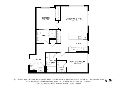 Floor plan for 2 beds, 2 baths, 1025 sqft